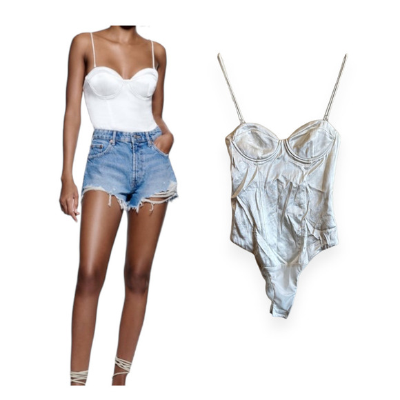 ZARA Satin Effect Bustier Bodysuit White Cream Silky Spaghetti Strap Size XS - Picture 2 of 14